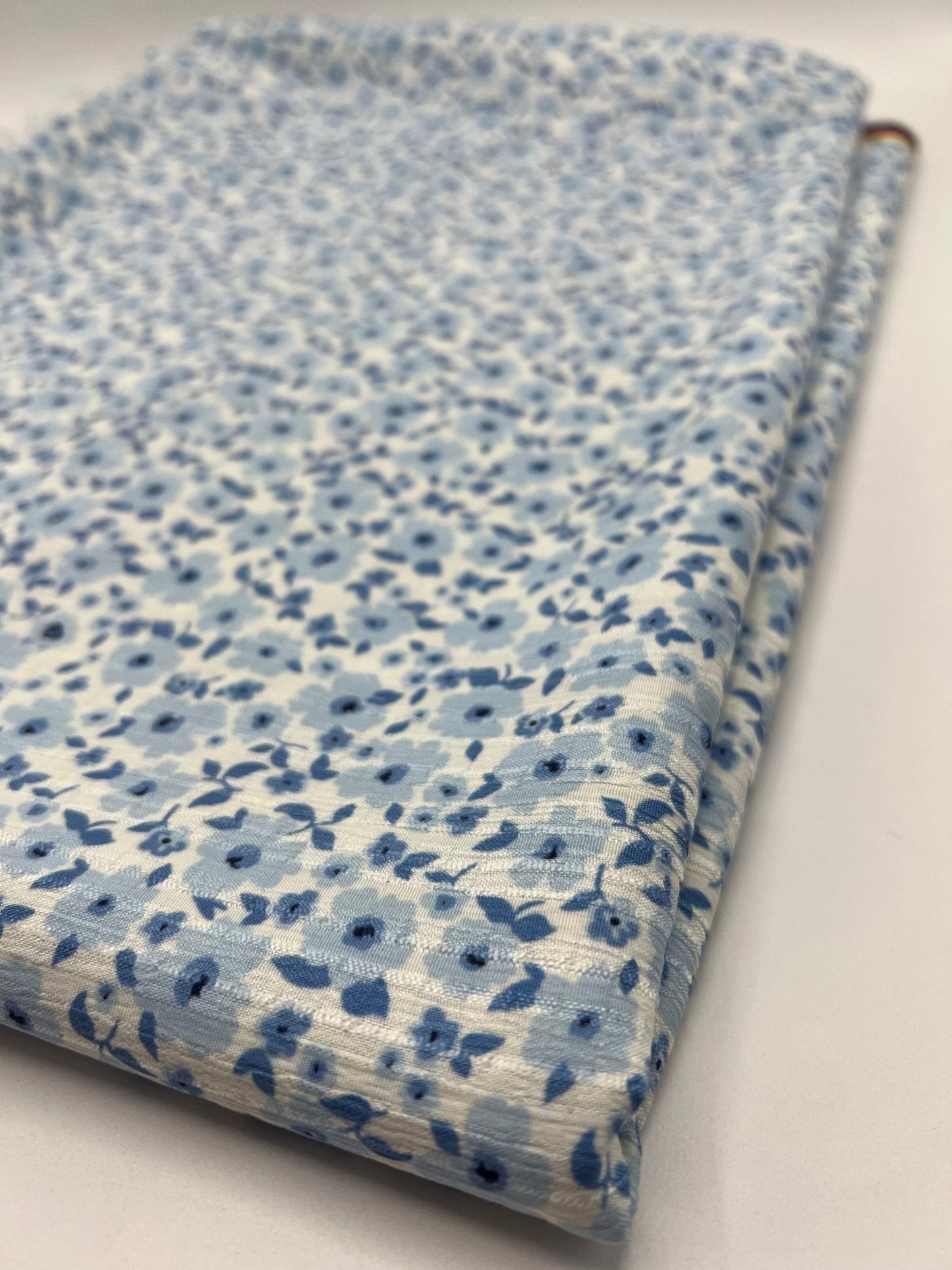 Blue Floral Textured Crinkle Lightweight Non Stretch Fabric