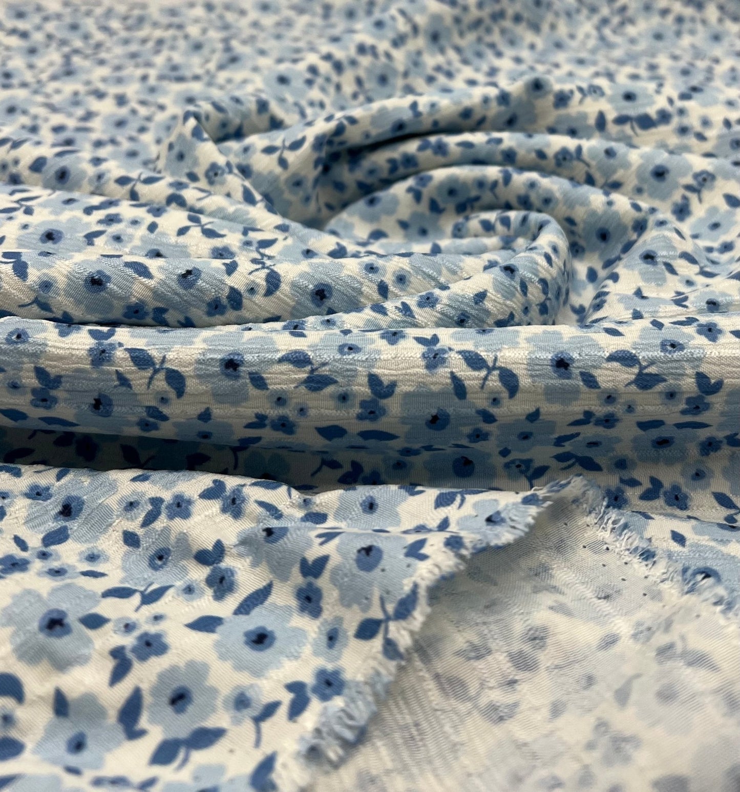 Blue Floral Textured Crinkle Lightweight Non Stretch Fabric