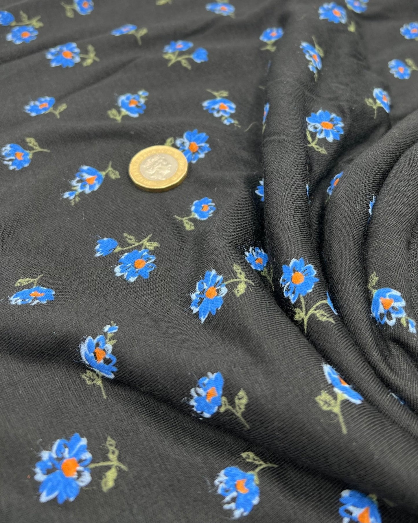 Blue Flower On Black Print Viscose Elastane Fabric