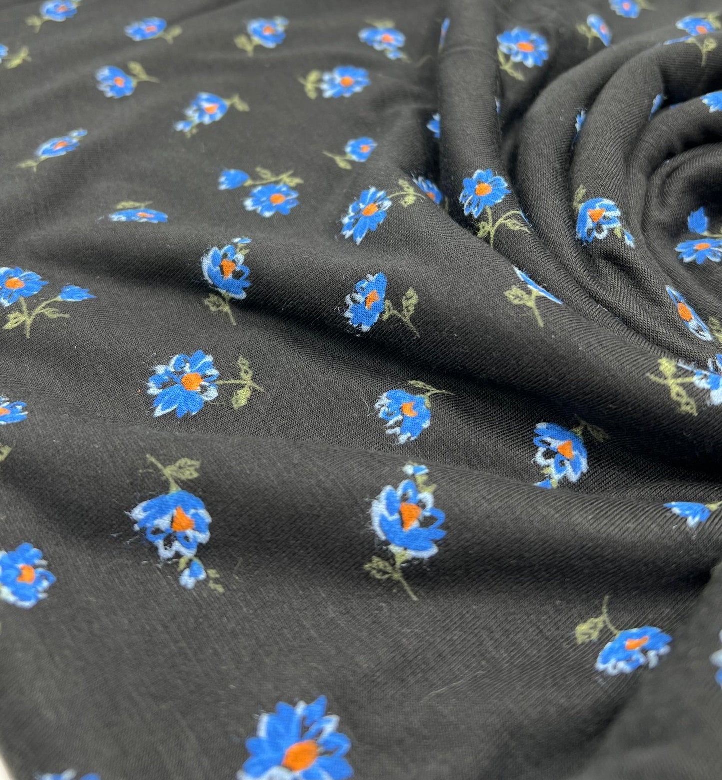 Blue Flower On Black Print Viscose Elastane Fabric