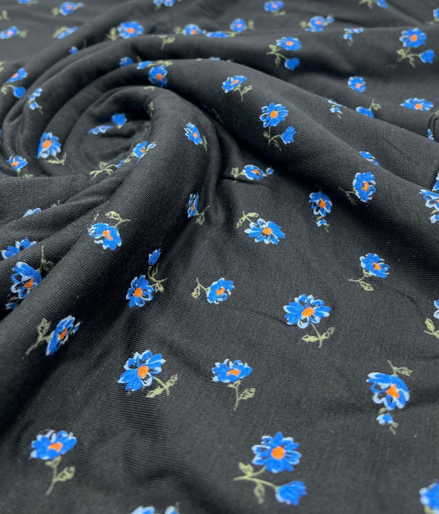 Blue Flower On Black Print Viscose Elastane Fabric