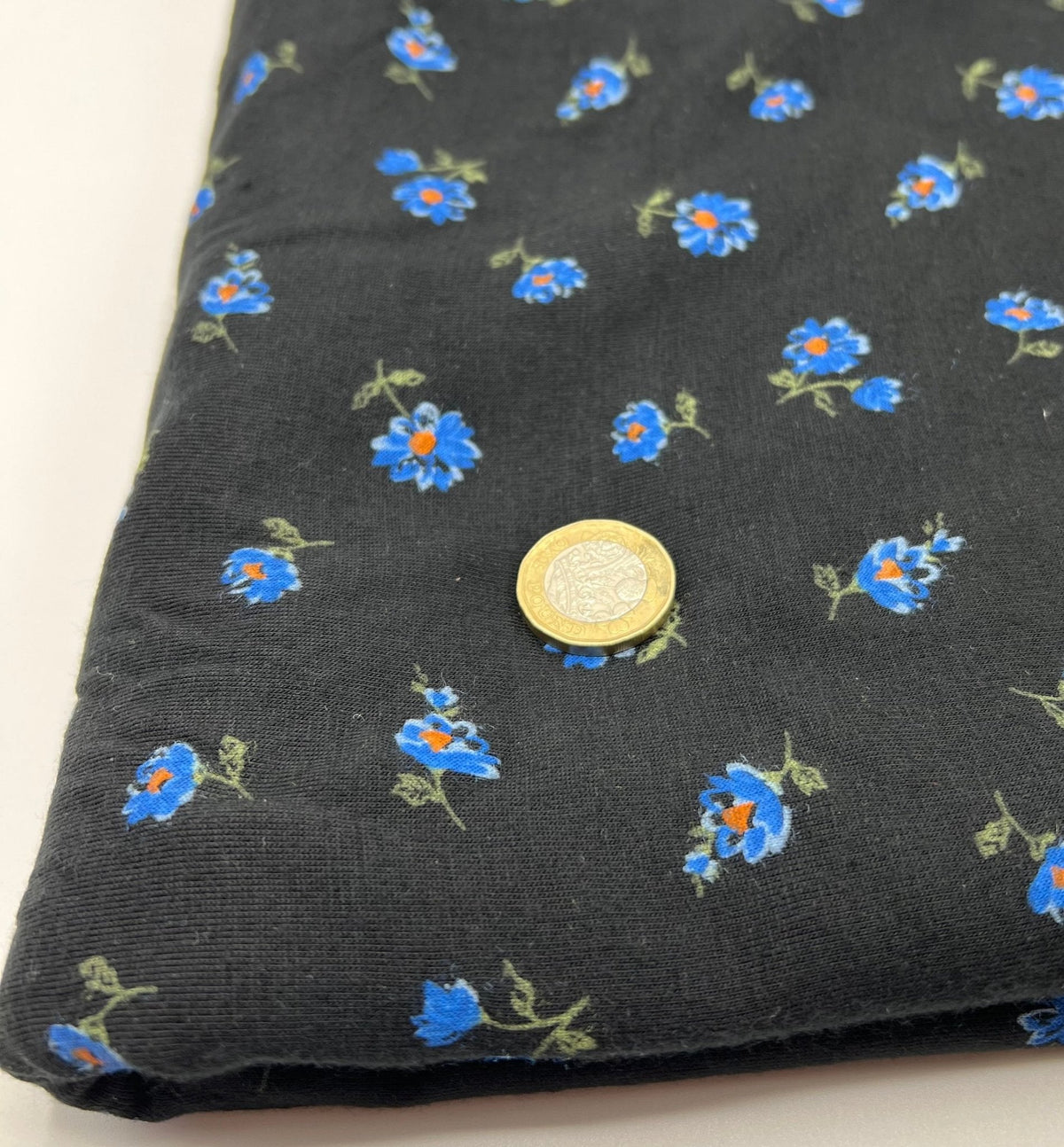 Blue Flower On Black Print Viscose Elastane Fabric