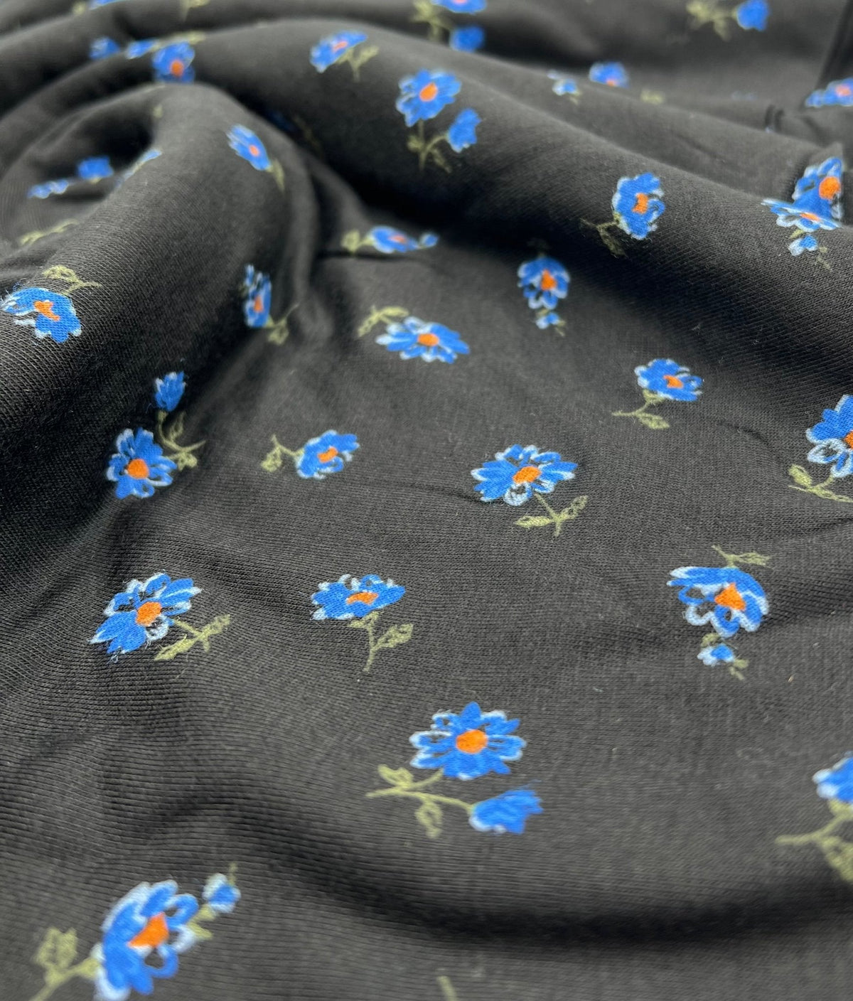 Blue Flower On Black Print Viscose Elastane Fabric