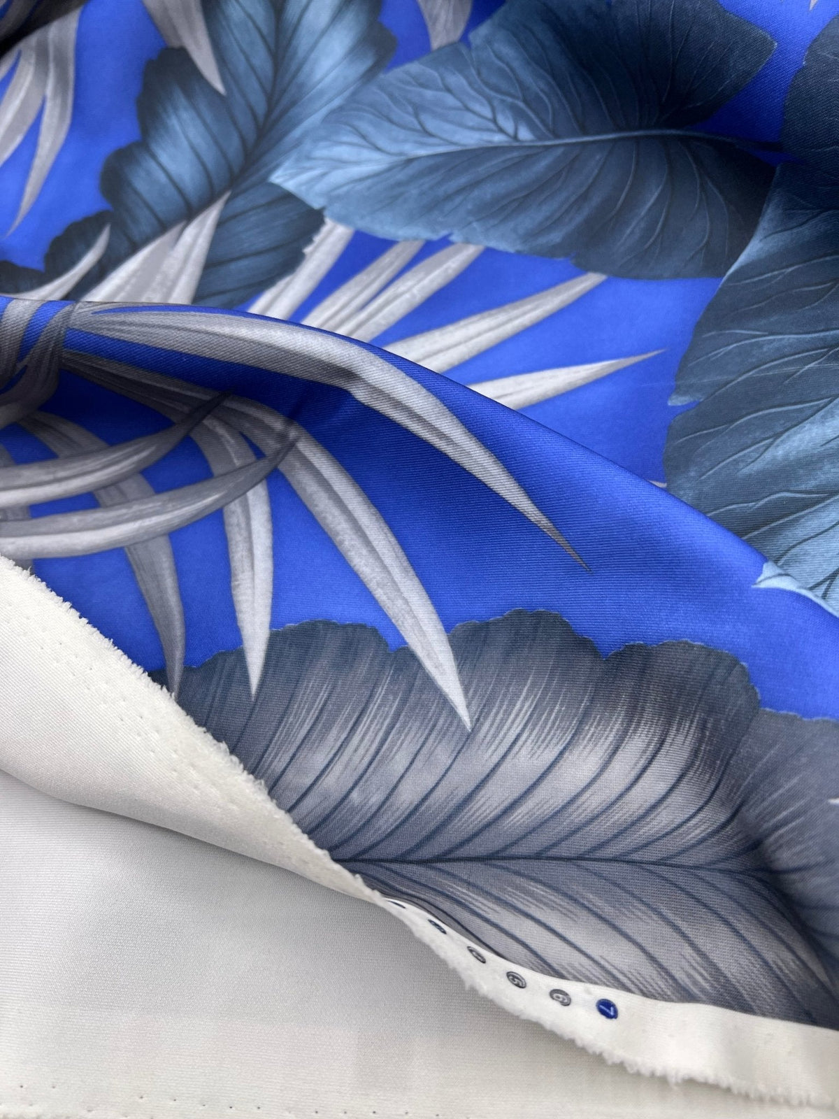 Blue Grey Leaf Printed Plain Scuba 4 Way Stretch Jersey Fabric