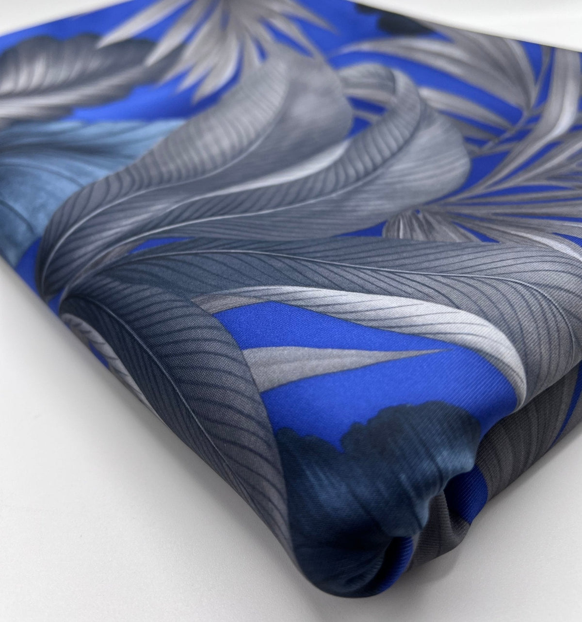 Blue Grey Leaf Printed Plain Scuba 4 Way Stretch Jersey Fabric