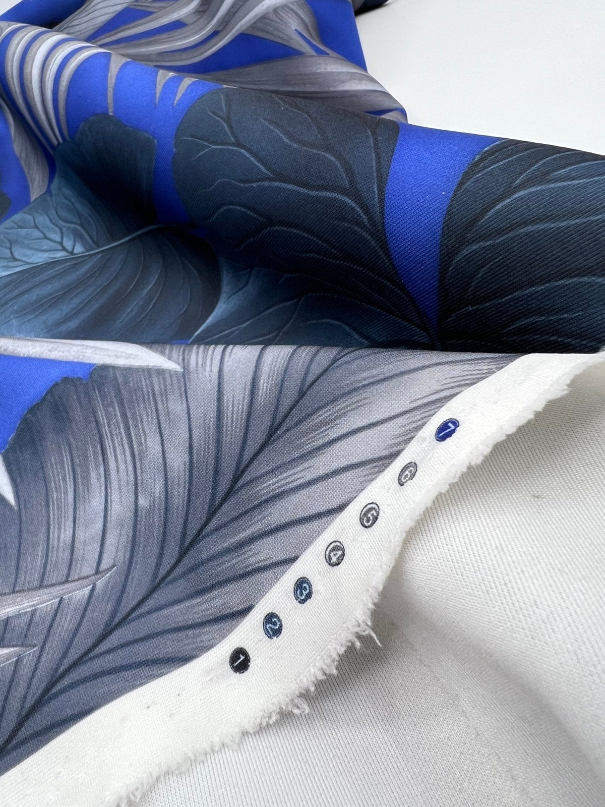 Blue Grey Leaf Printed Plain Scuba 4 Way Stretch Jersey Fabric