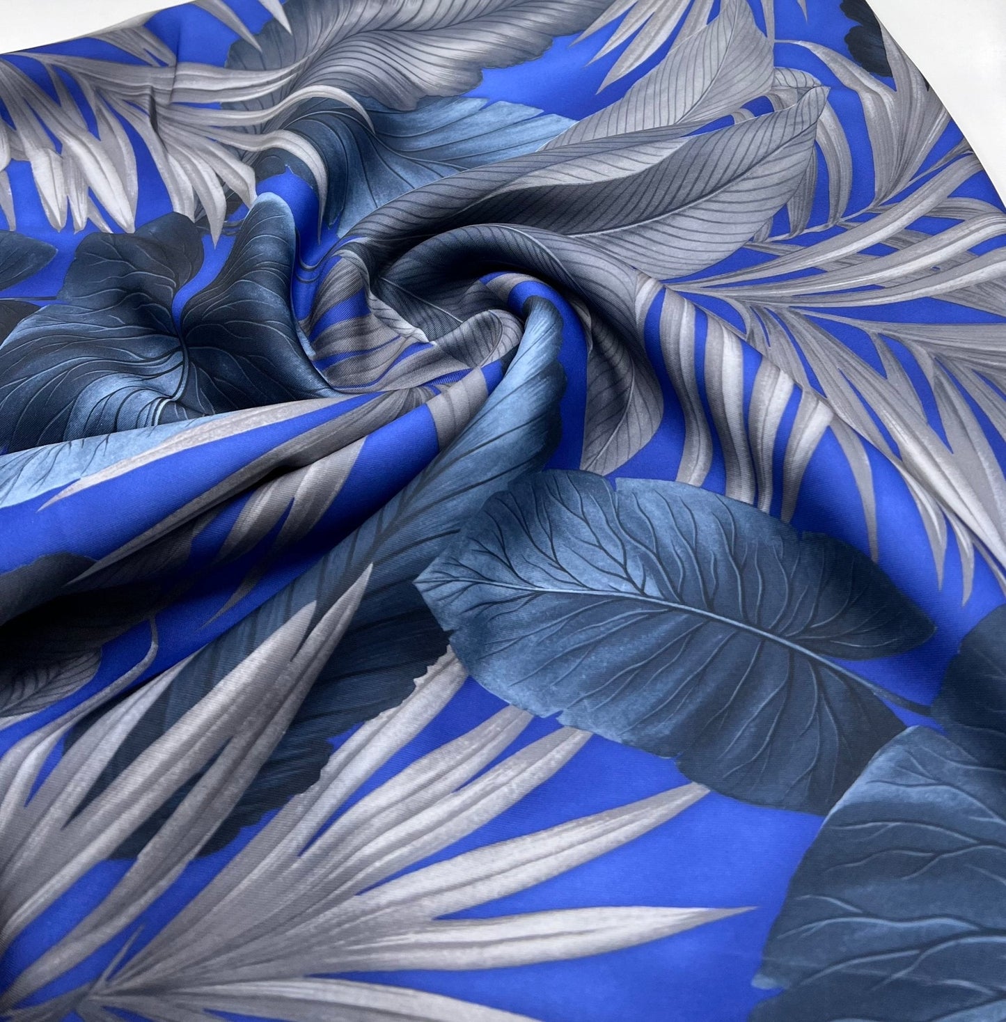 Blue Grey Leaf Printed Plain Scuba 4 Way Stretch Jersey Fabric