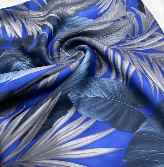 Blue Grey Leaf Printed Plain Scuba 4 Way Stretch Jersey Fabric