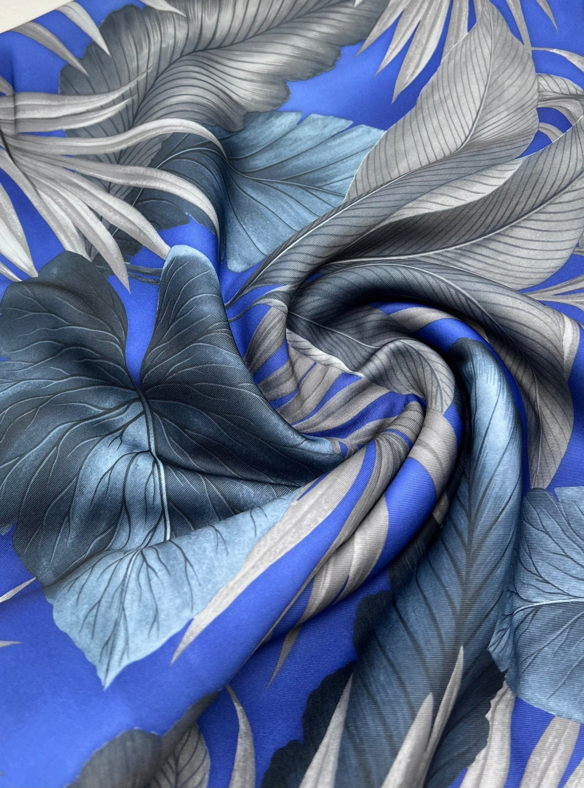 Blue Grey Leaf Printed Plain Scuba 4 Way Stretch Jersey Fabric