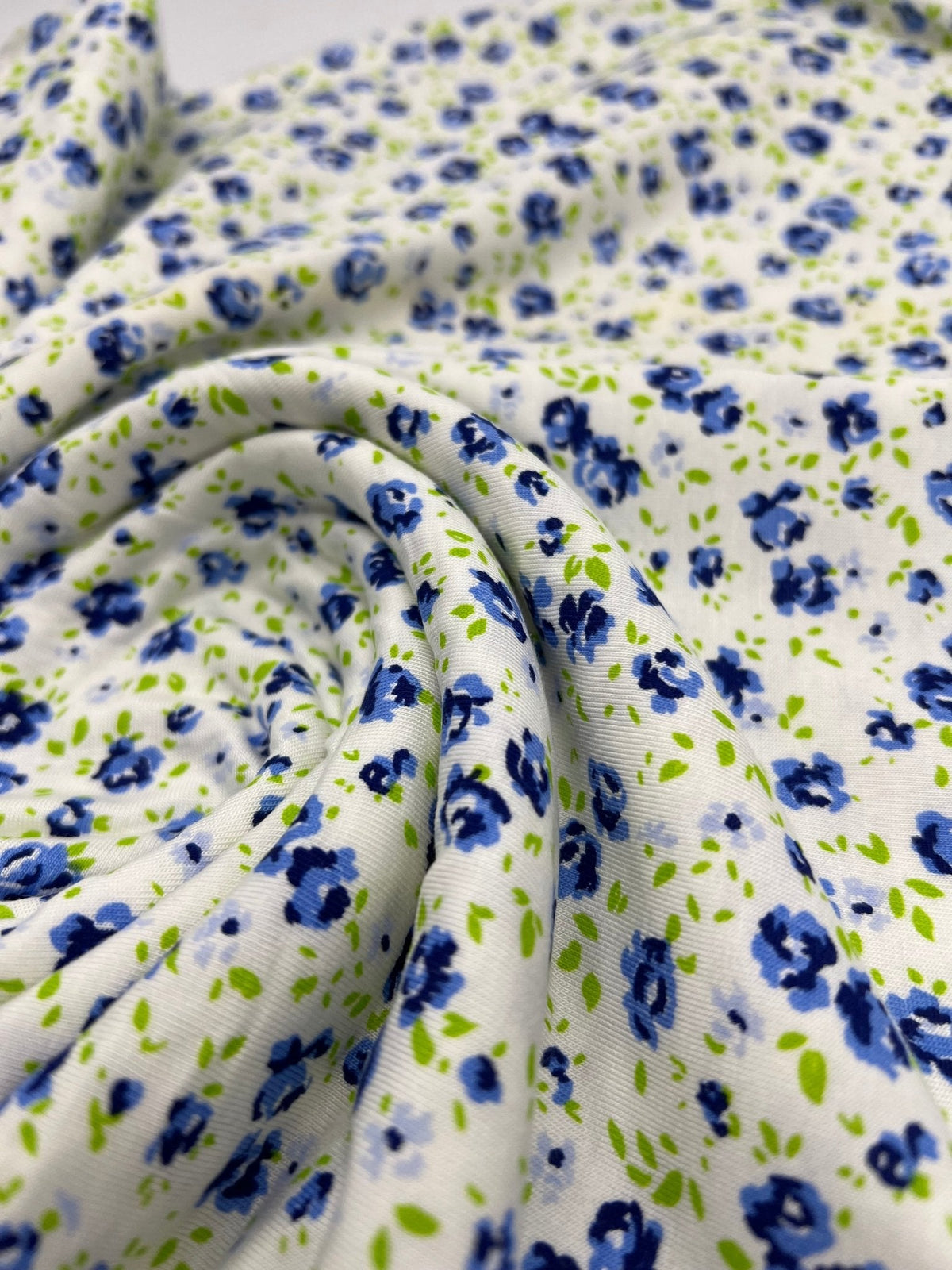 Blue Ivory Floral Print Viscose Elastane Fabric