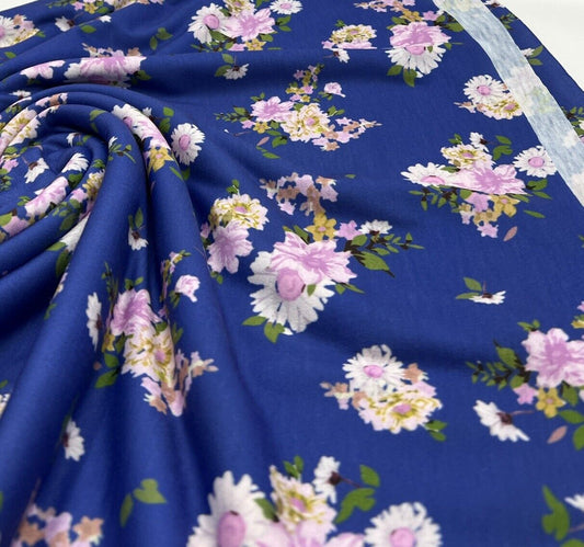 Blue Lilac Floral Print Spun Poly Stretch Fabric