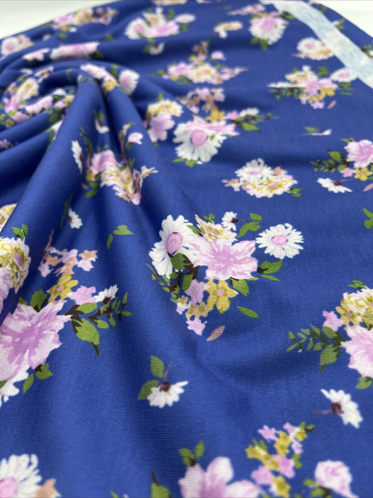 Blue Lilac Floral Print Spun Poly Stretch Fabric