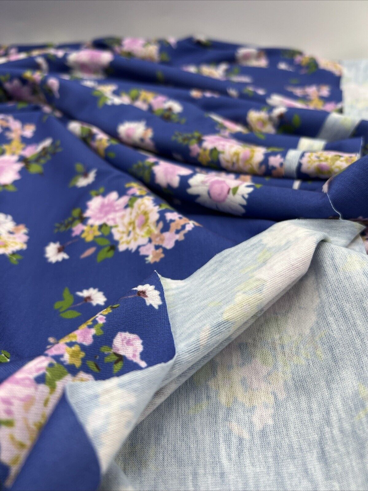 Blue Lilac Floral Print Spun Poly Stretch Fabric