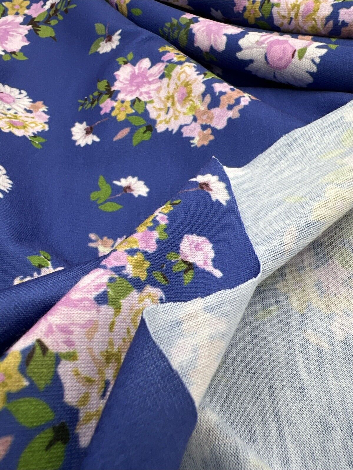 Blue Lilac Floral Print Spun Poly Stretch Fabric