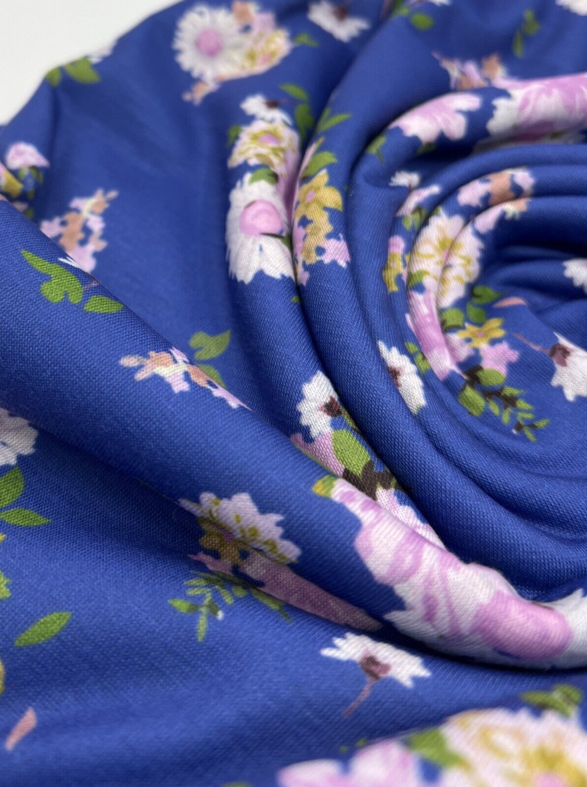 Blue Lilac Floral Print Spun Poly Stretch Fabric