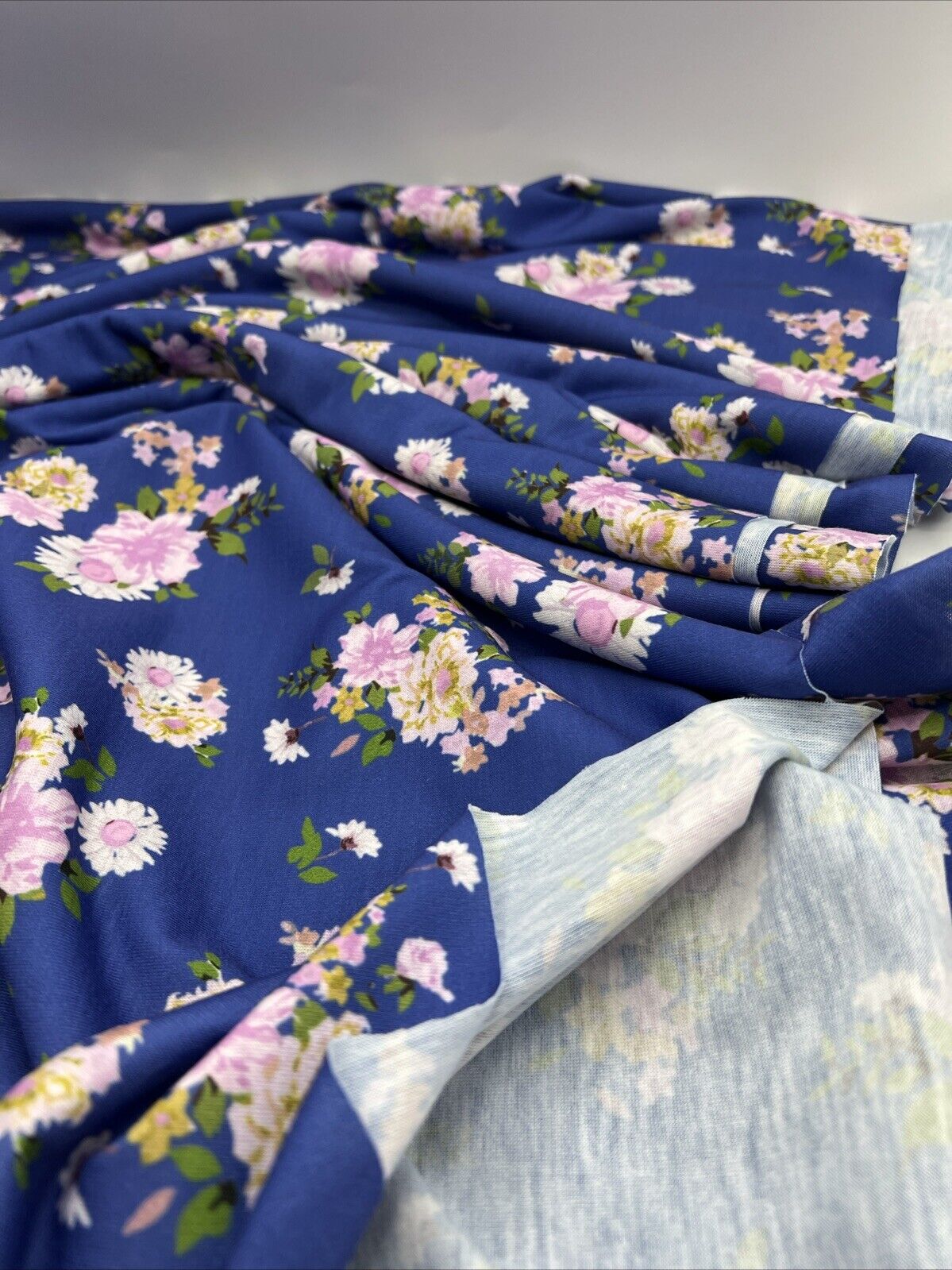 Blue Lilac Floral Print Spun Poly Stretch Fabric