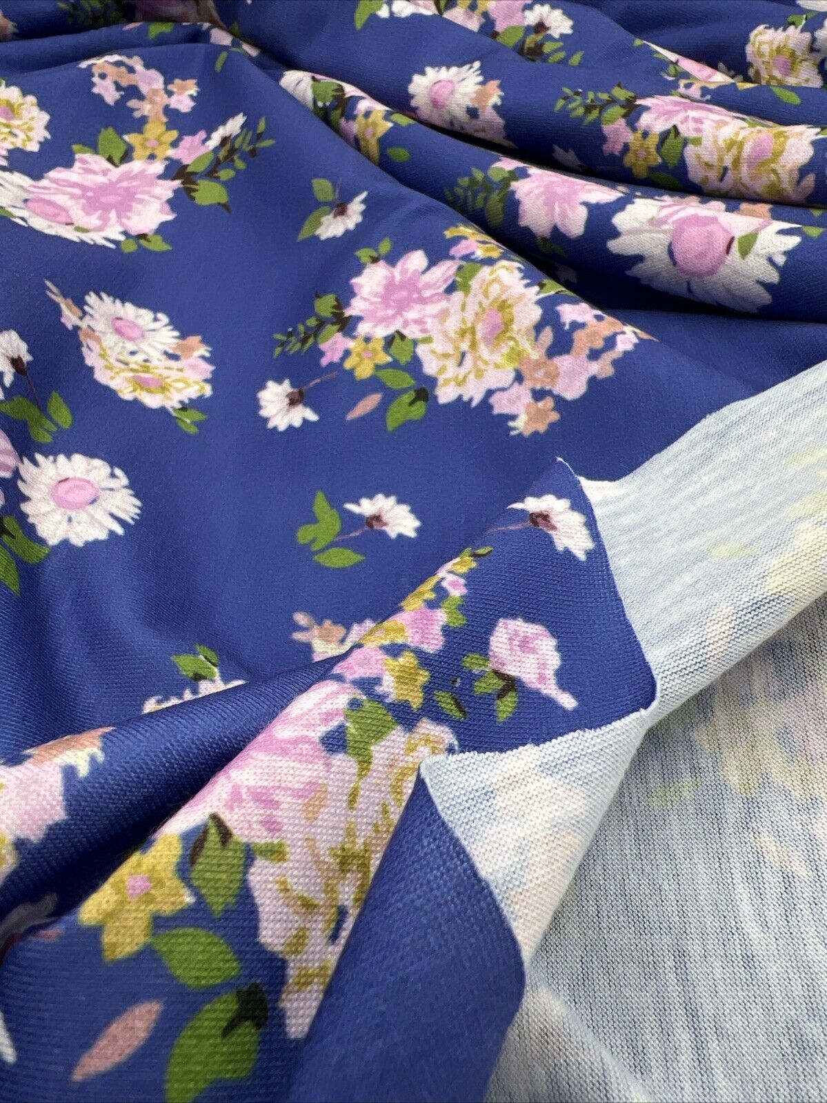 Blue Lilac Floral Print Spun Poly Stretch Fabric