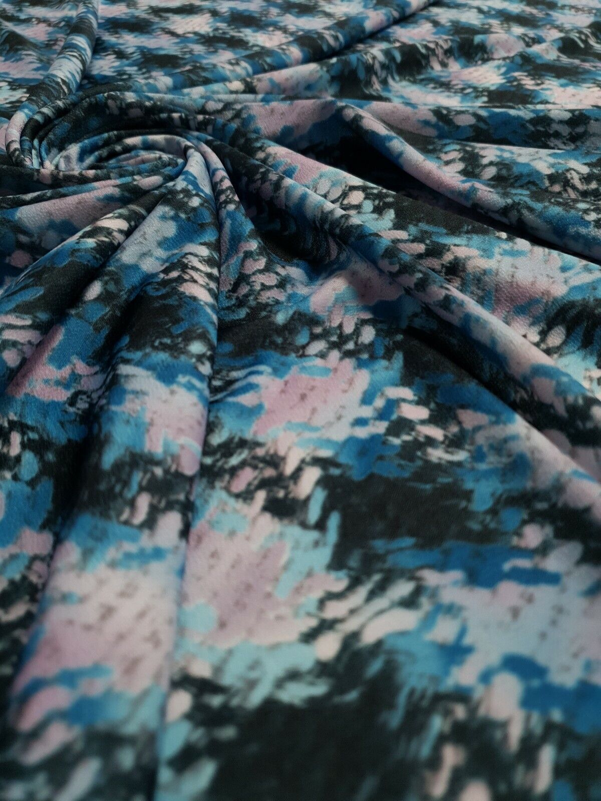 Blue Mix Printed Lightweight Jersey Crepe Fabric 4 Way Stretch