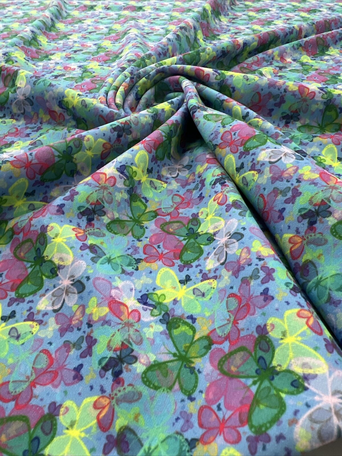 Blue Multi Butterfly Printed Scuba Crepe Jersey Fabric 4 Way Stretch