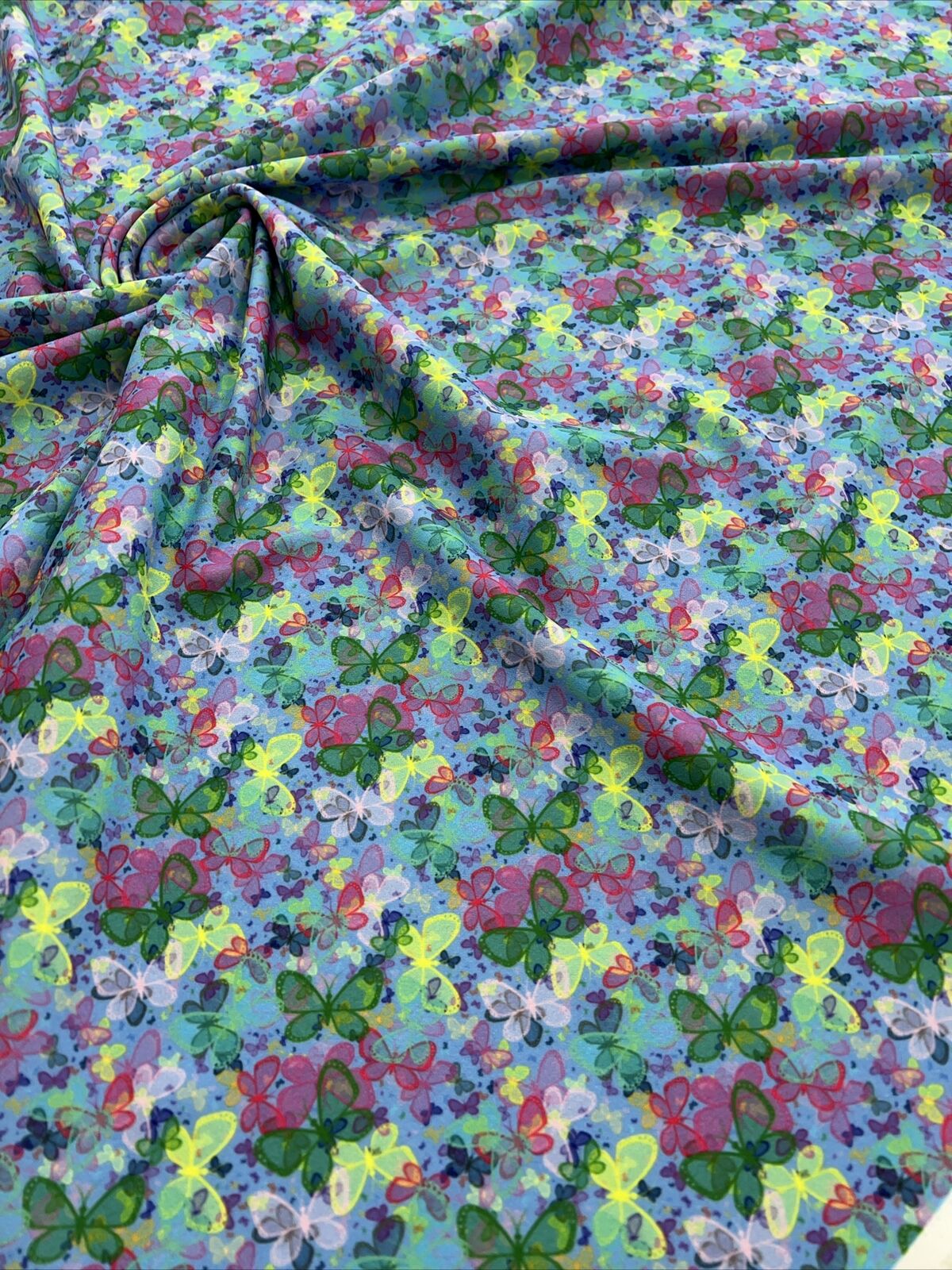 Blue Multi Butterfly Printed Scuba Crepe Jersey Fabric 4 Way Stretch