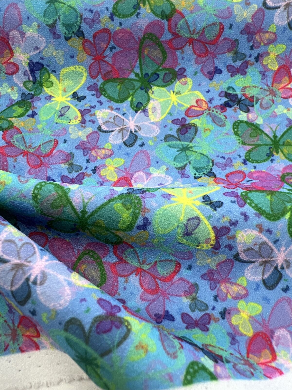 Blue Multi Butterfly Printed Scuba Crepe Jersey Fabric 4 Way Stretch