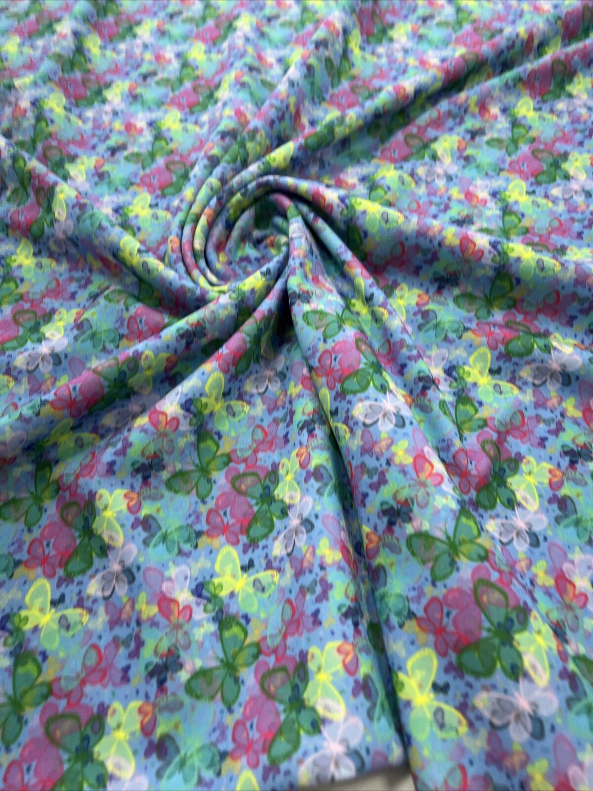 Blue Multi Butterfly Printed Scuba Crepe Jersey Fabric 4 Way Stretch