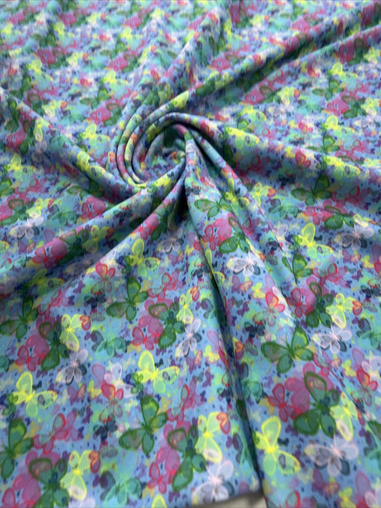 Blue Multi Butterfly Printed Scuba Crepe Jersey Fabric 4 Way Stretch