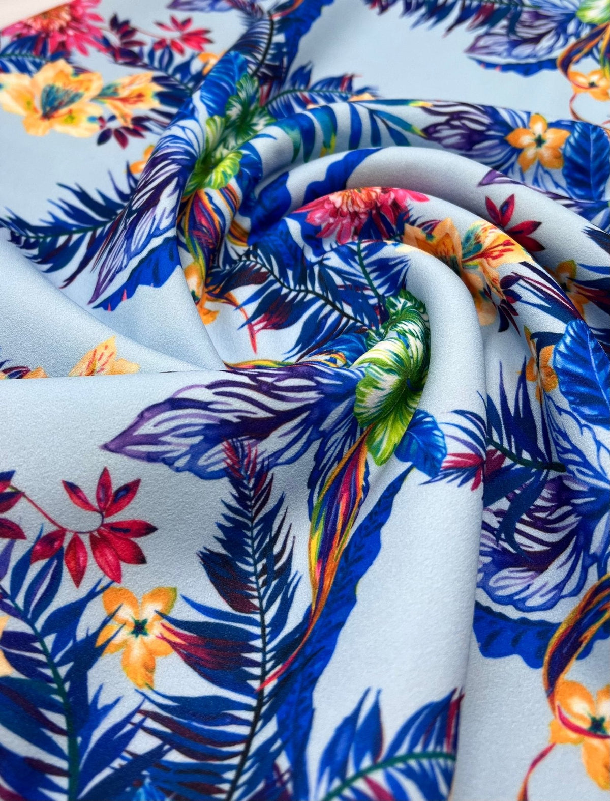 Blue Multi Floral Printed Scuba Crepe Jersey Fabric 4 Way Stretch