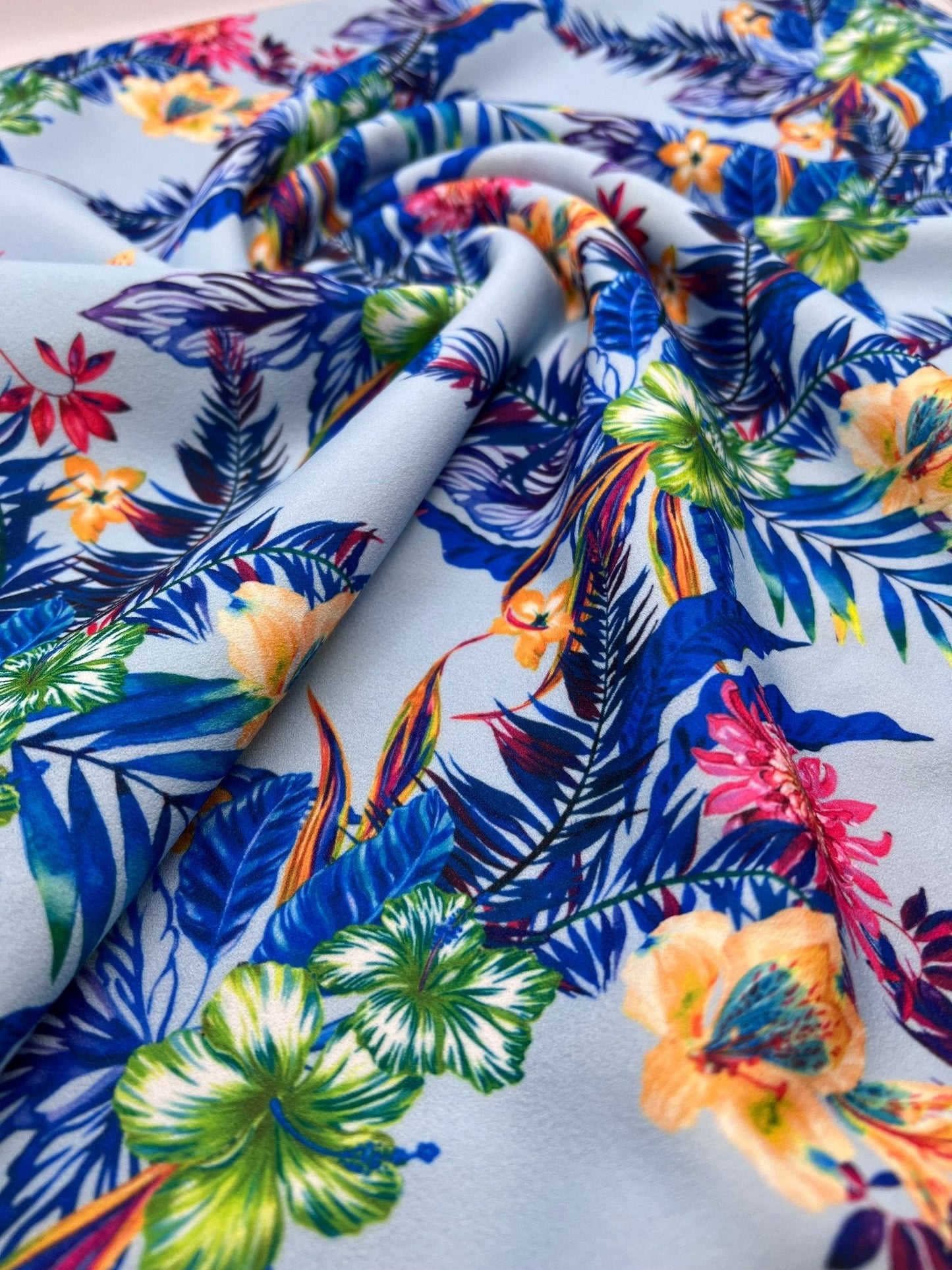 Blue Multi Floral Printed Scuba Crepe Jersey Fabric 4 Way Stretch