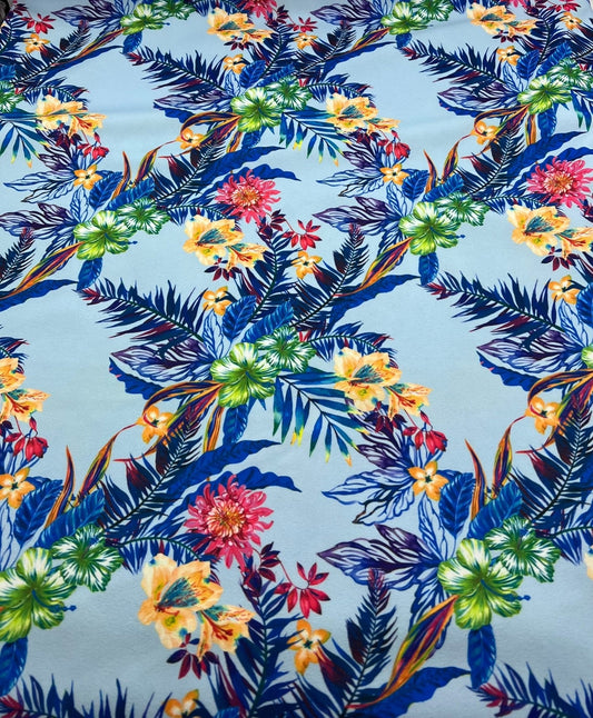 Blue Multi Floral Printed Scuba Crepe Jersey Fabric 4 Way Stretch