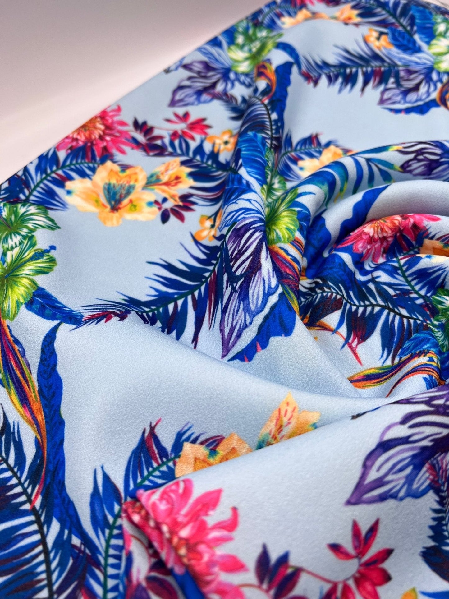 Blue Multi Floral Printed Scuba Crepe Jersey Fabric 4 Way Stretch