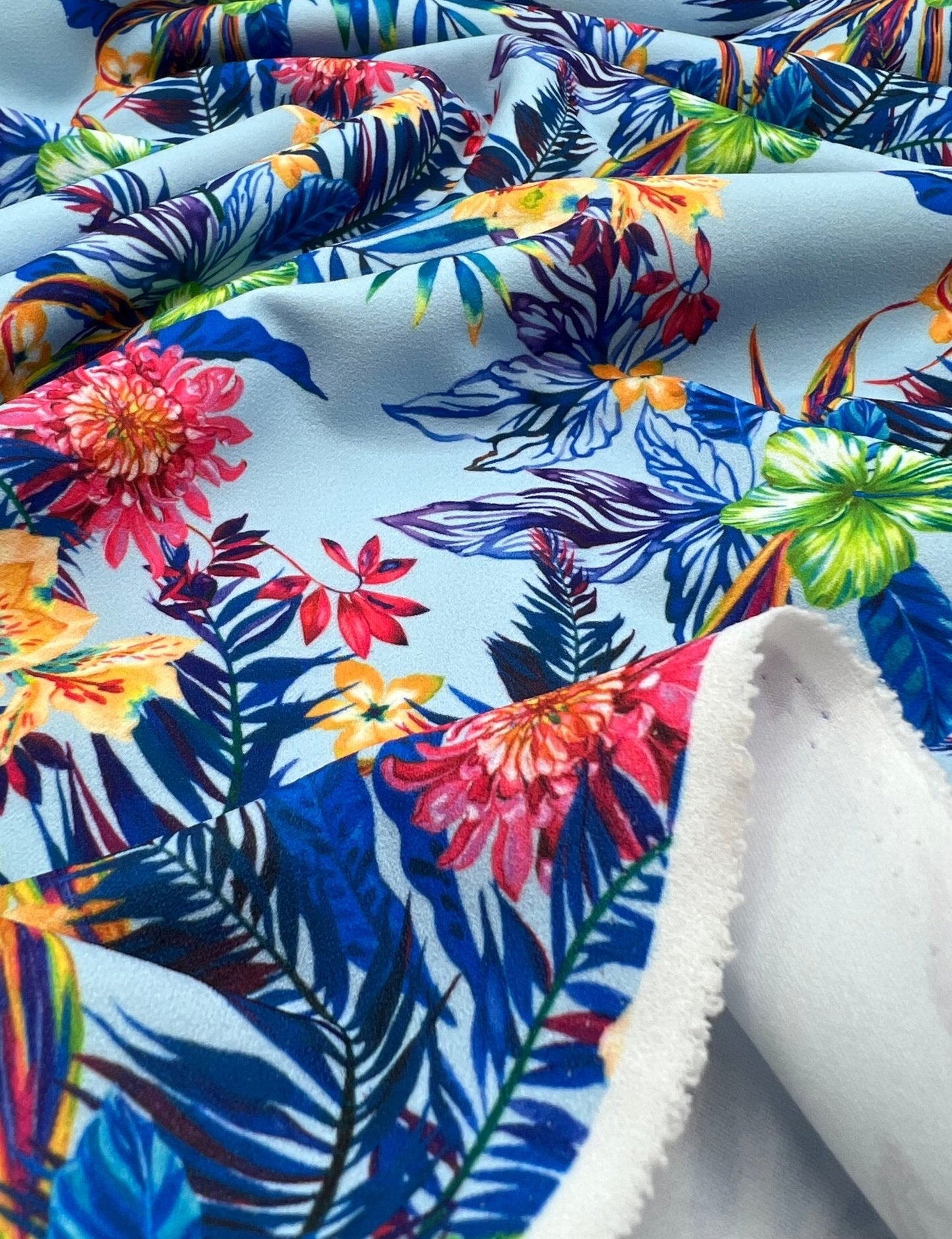 Blue Multi Floral Printed Scuba Crepe Jersey Fabric 4 Way Stretch