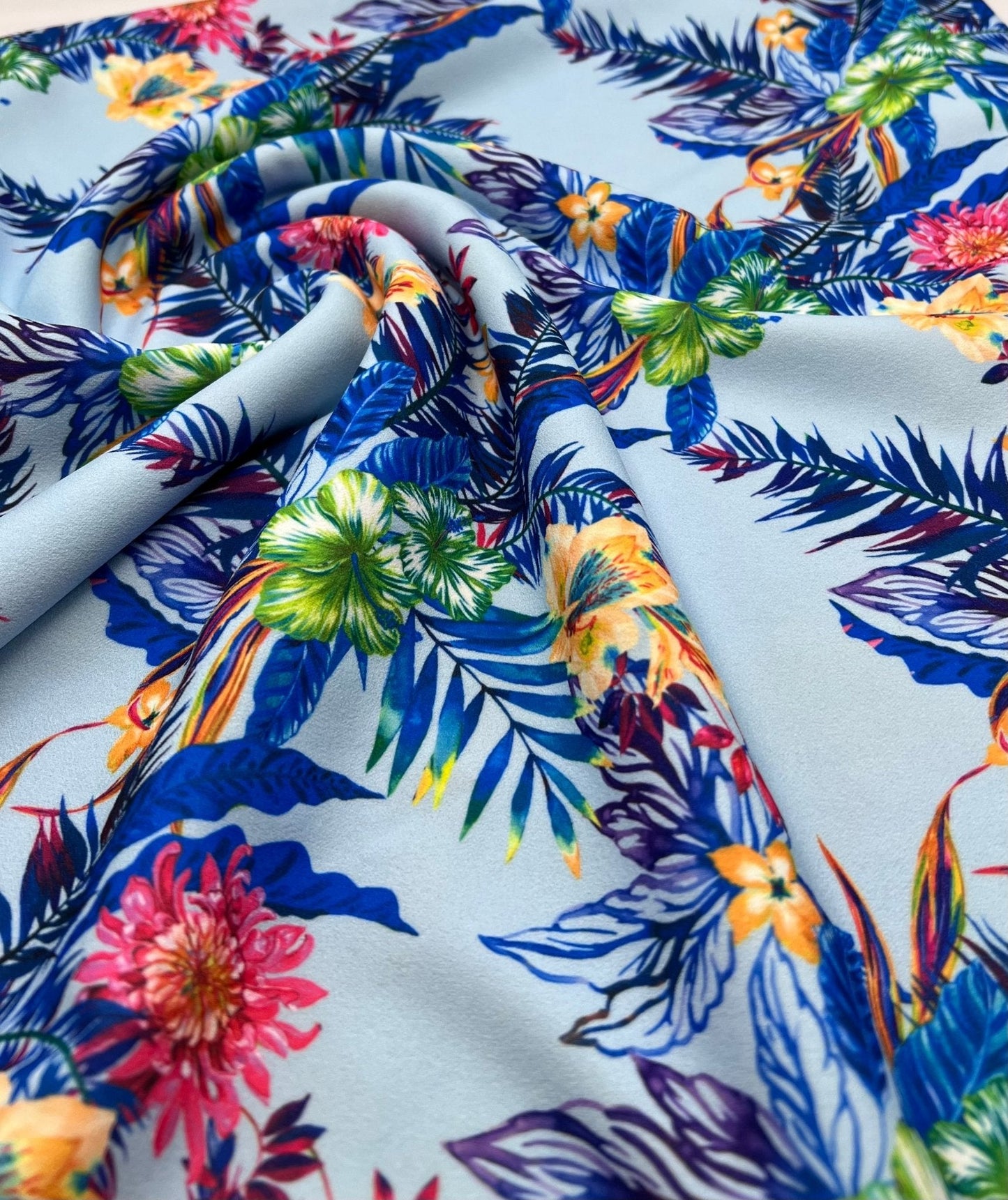 Blue Multi Floral Printed Scuba Crepe Jersey Fabric 4 Way Stretch