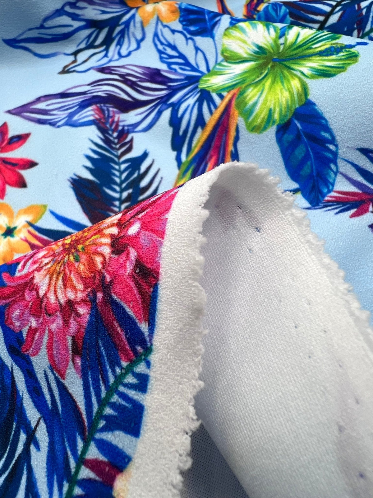 Blue Multi Floral Printed Scuba Crepe Jersey Fabric 4 Way Stretch