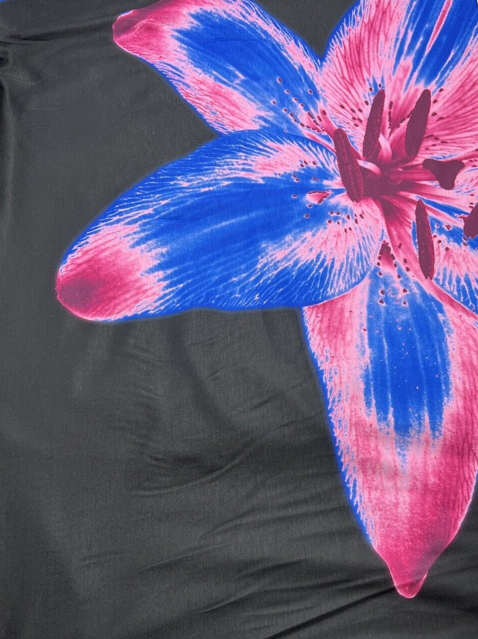 Blue Pink Large Floral Print Spun Poly Stretch Fabric