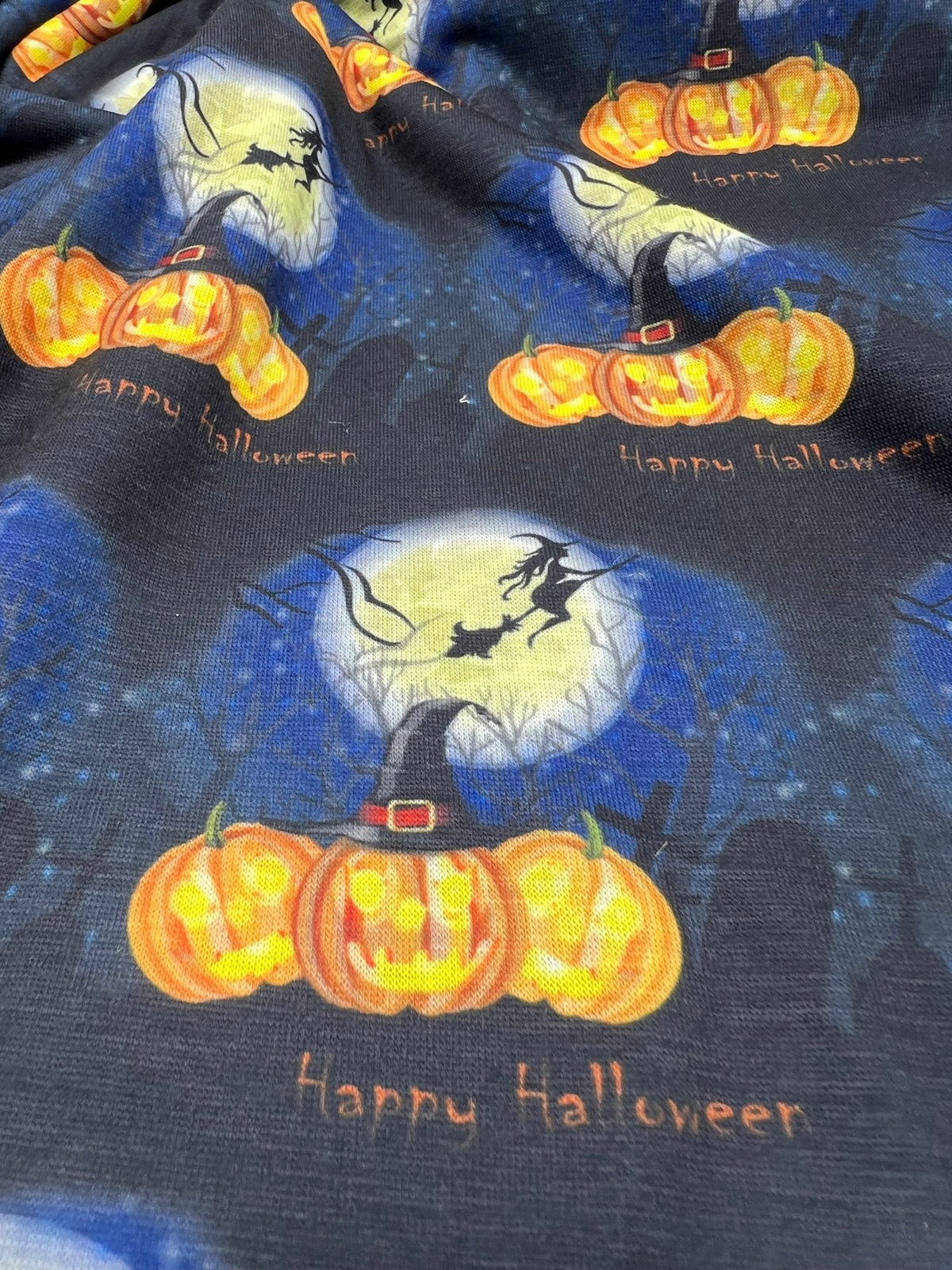 Blue Pumpkin Witch Halloween Print Spun Poly Stretch Fabric