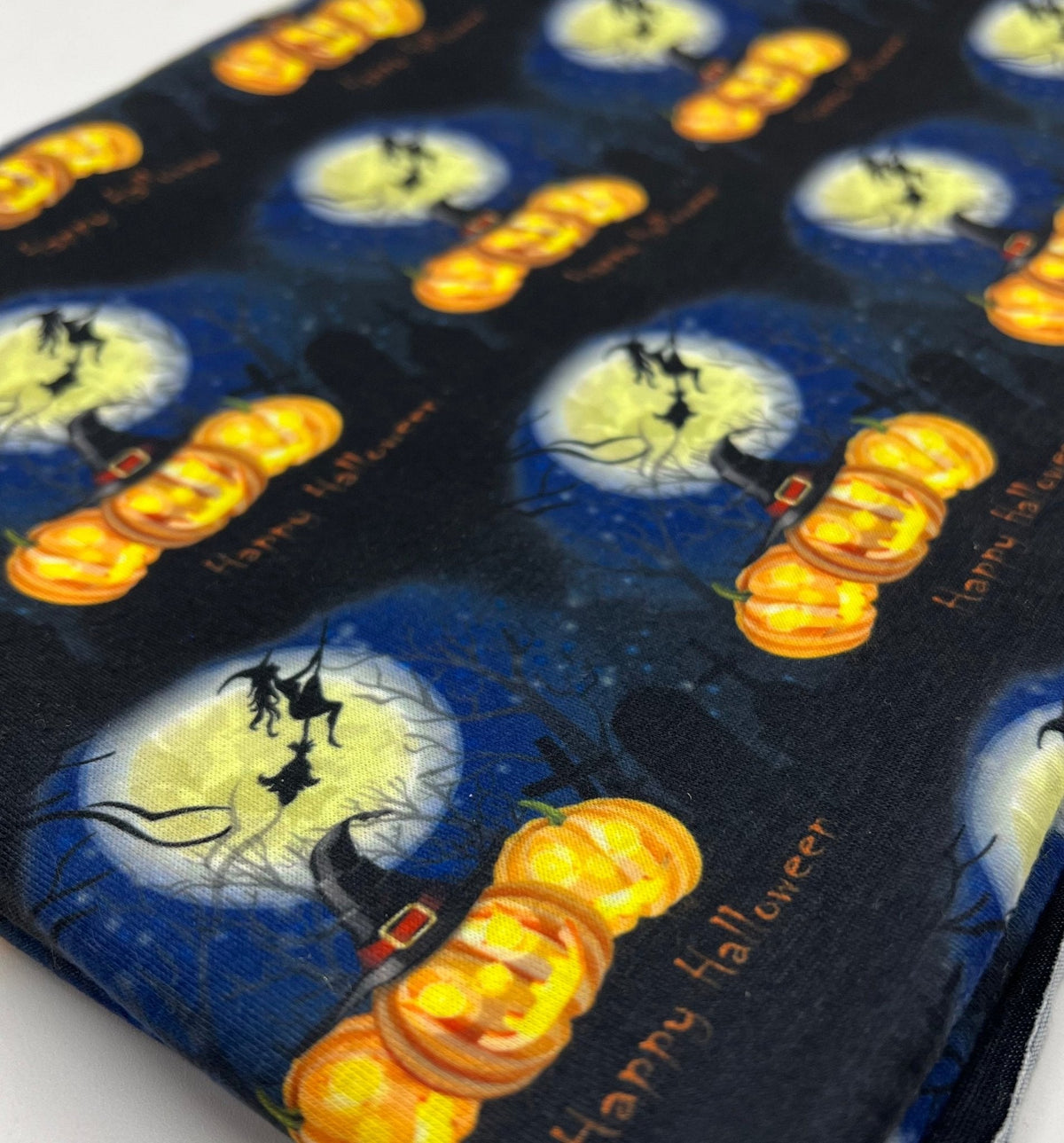 Blue Pumpkin Witch Halloween Print Spun Poly Stretch Fabric