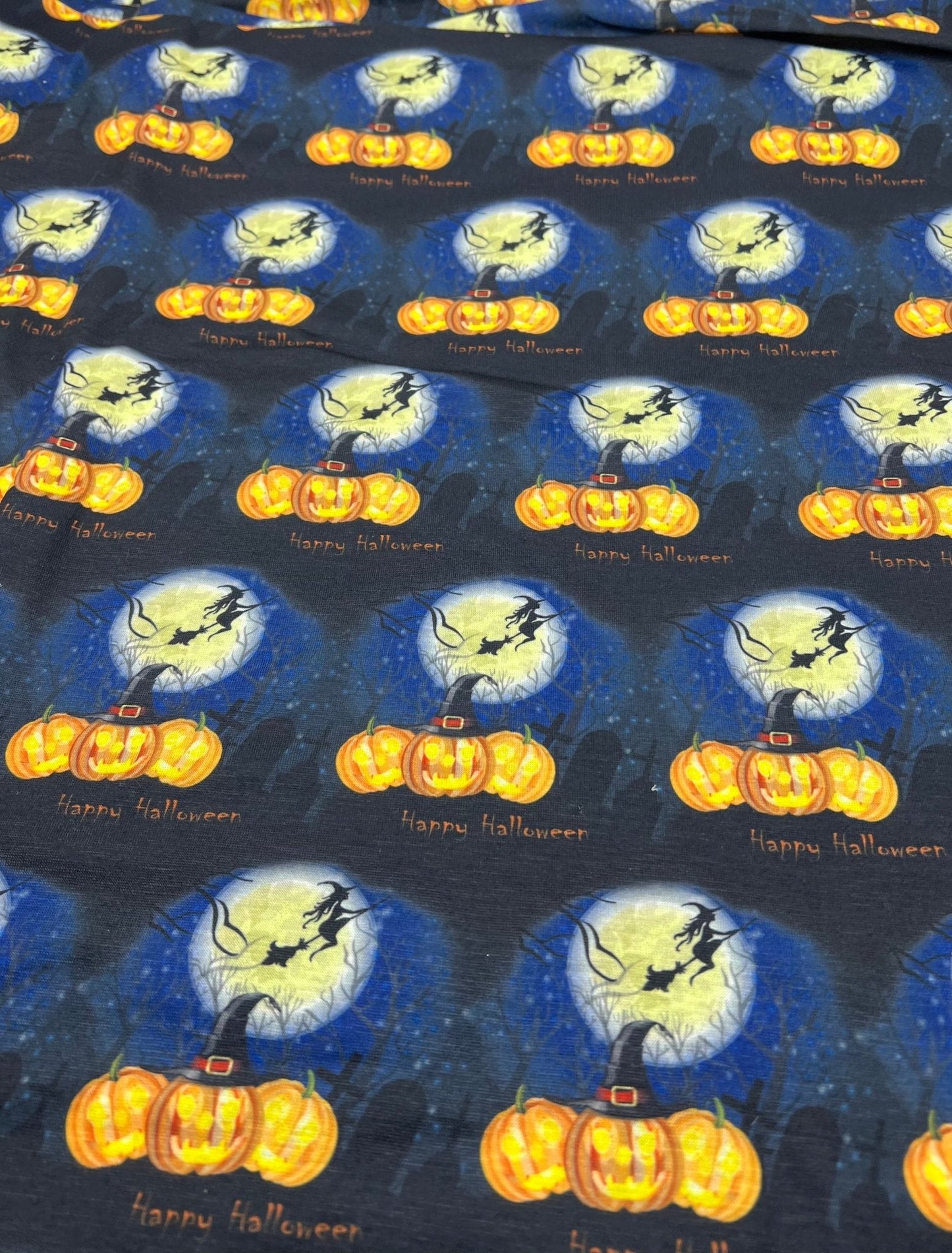 Blue Pumpkin Witch Halloween Print Spun Poly Stretch Fabric