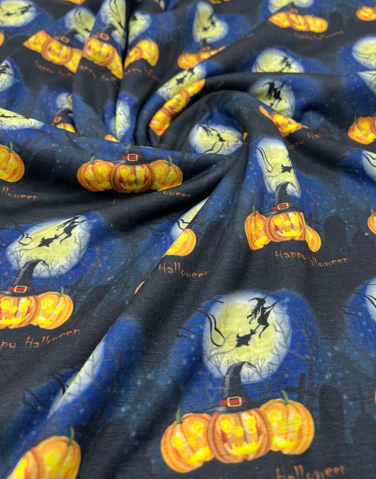 Blue Pumpkin Witch Halloween Print Spun Poly Stretch Fabric
