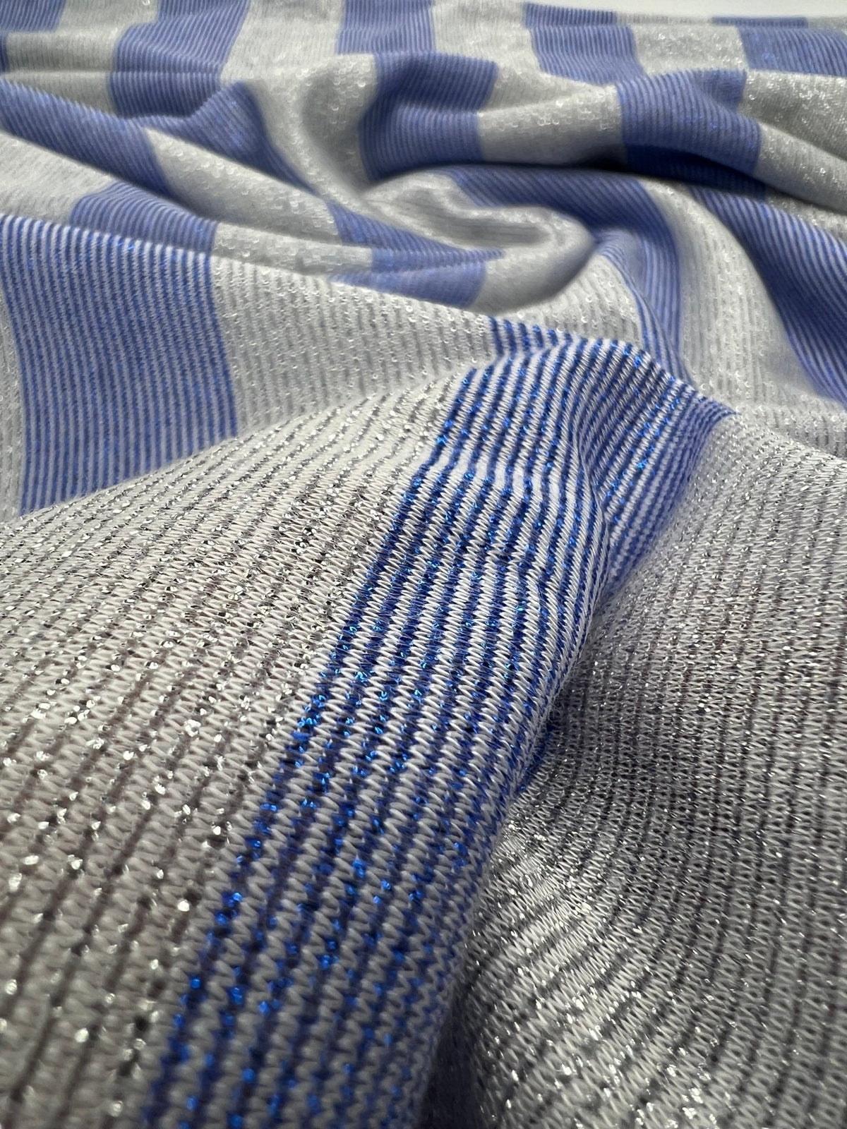 Blue Silver Metallic Stripe Knitted 2 Way Stretch Fabric