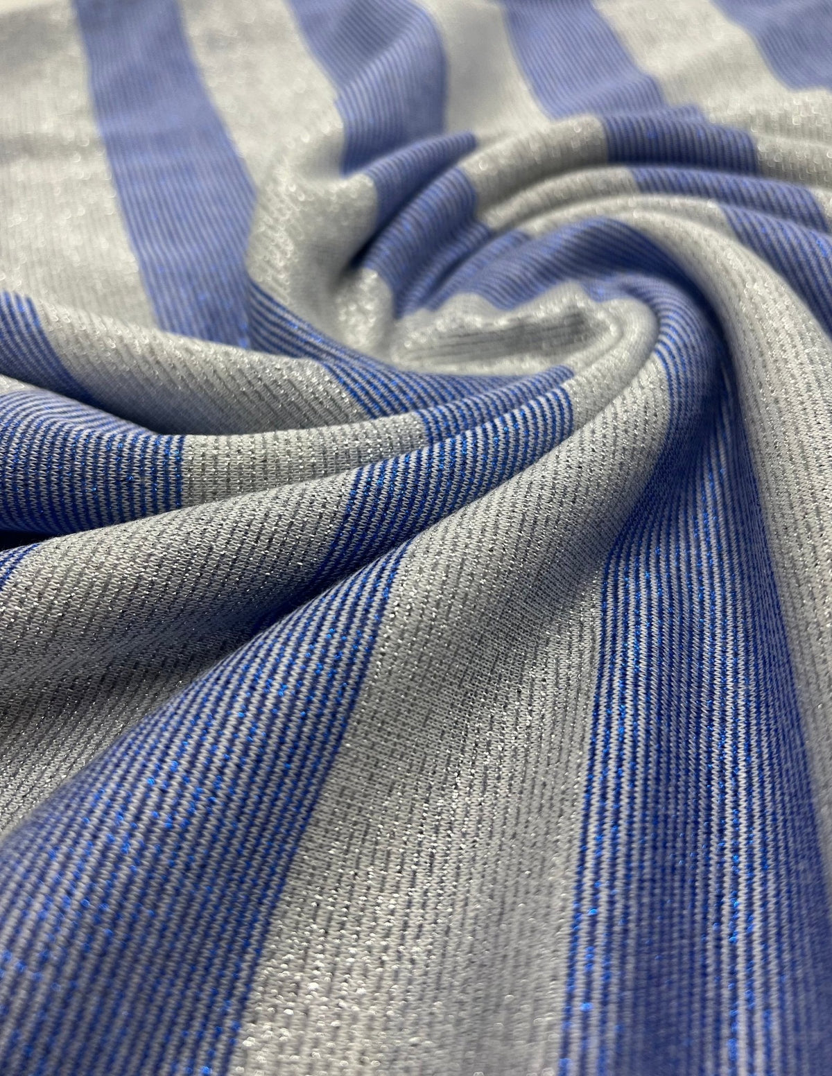 Blue Silver Metallic Stripe Knitted 2 Way Stretch Fabric