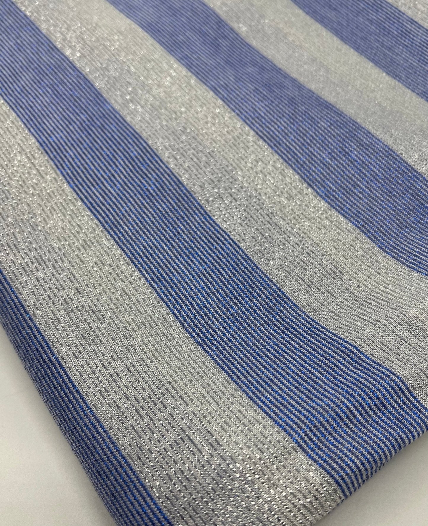 Blue Silver Metallic Stripe Knitted 2 Way Stretch Fabric