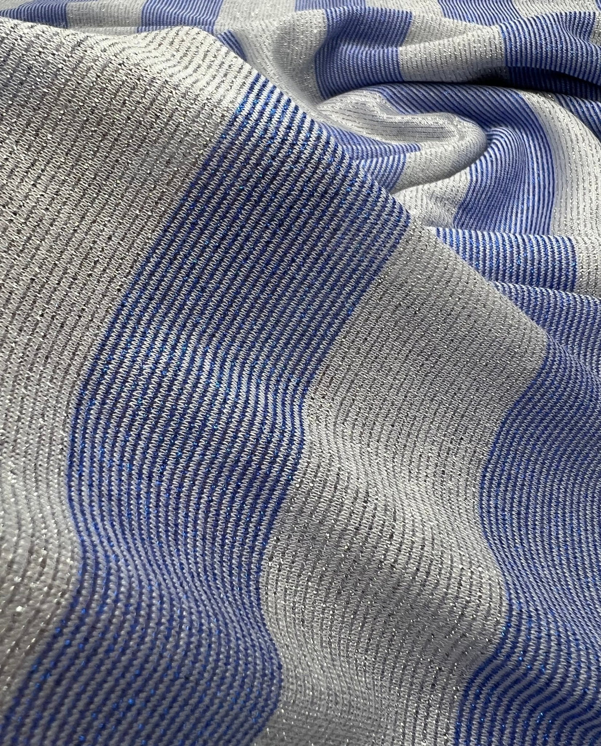 Blue Silver Metallic Stripe Knitted 2 Way Stretch Fabric