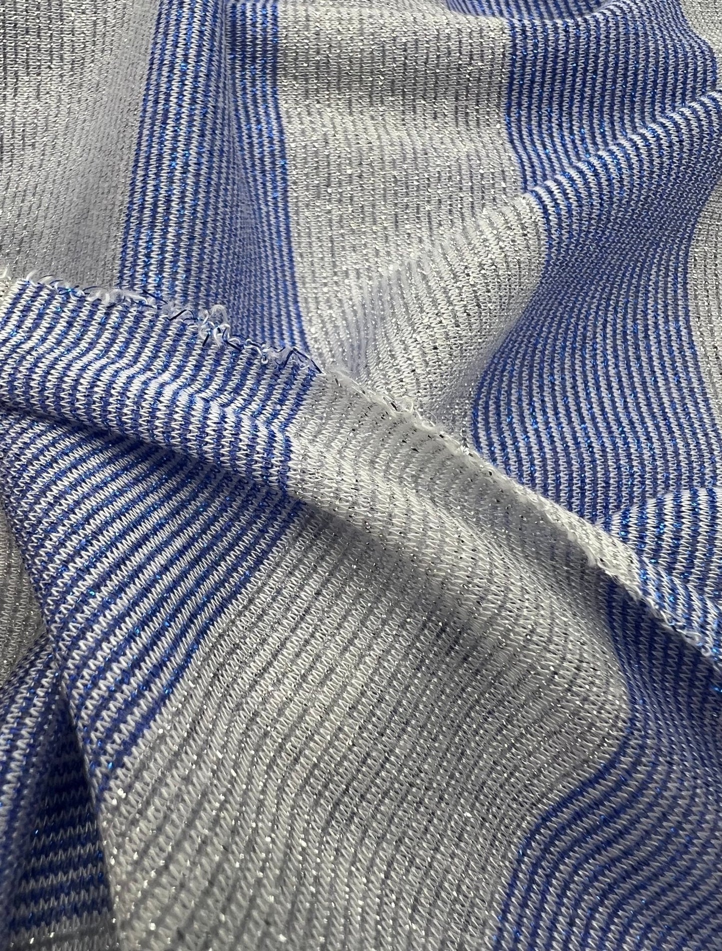 Blue Silver Metallic Stripe Knitted 2 Way Stretch Fabric