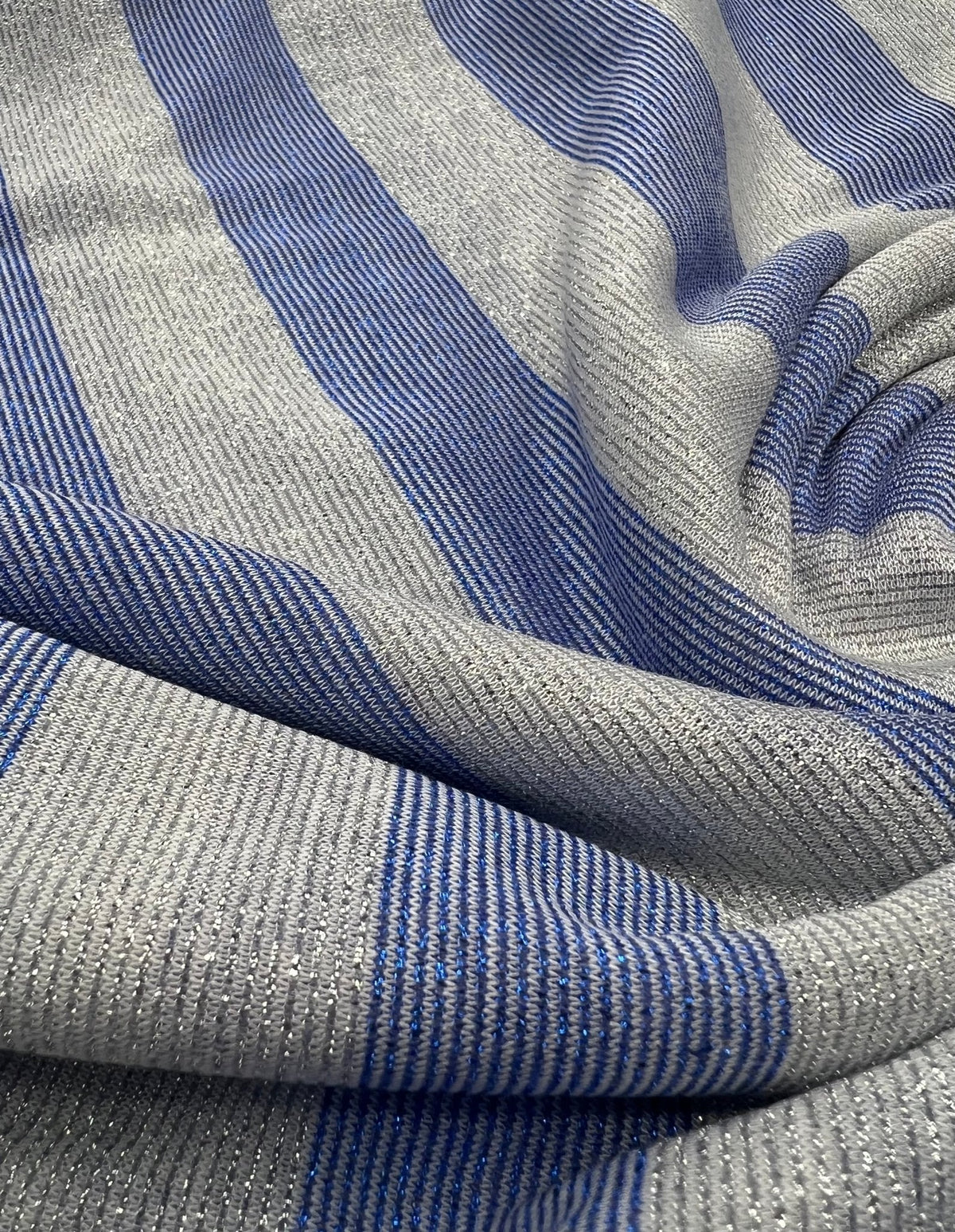Blue Silver Metallic Stripe Knitted 2 Way Stretch Fabric