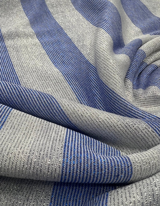 Blue Silver Metallic Stripe Knitted 2 Way Stretch Fabric