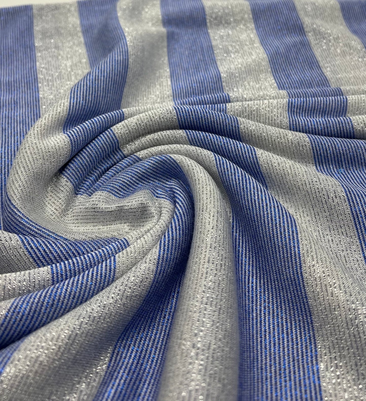 Blue Silver Metallic Stripe Knitted 2 Way Stretch Fabric