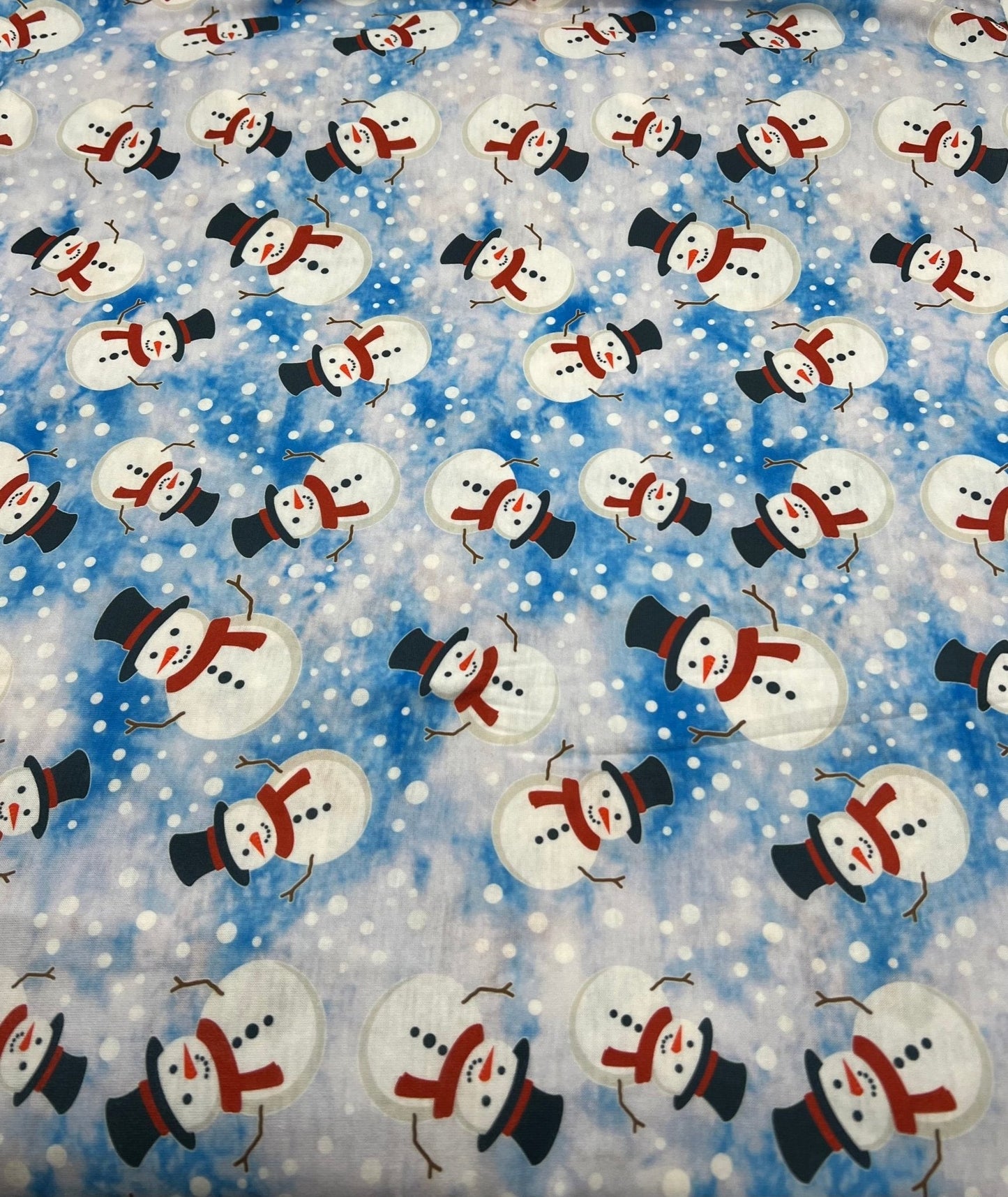 Blue Snow Snowman Print Soft Spun Poly Stretch Fabric