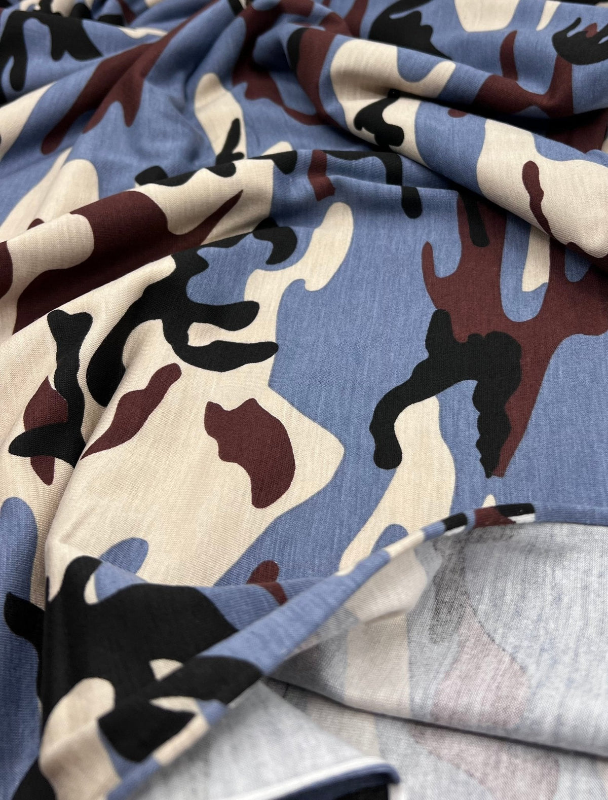 Blue Stone Brown Camo Mix Print Viscose Elastane Fabric