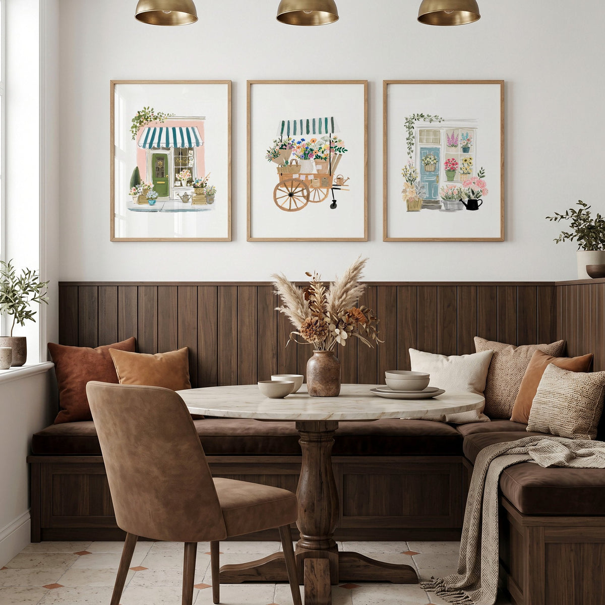 Blue Wall Art Canvas | Botanical Flower Shop & Market Cart Prints | Set of 3
